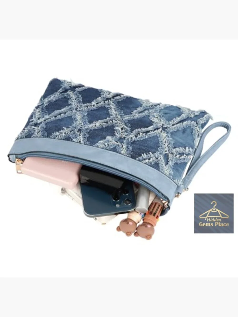 Distressed Denim Evening Purse Pu Leather Clutch Handbag Wristlet Bag